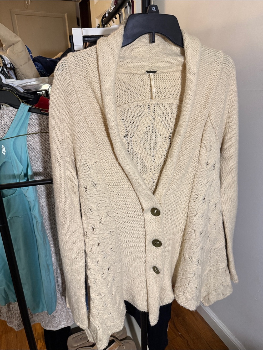 Free People Cream Shawl-Collar Button Cardigan